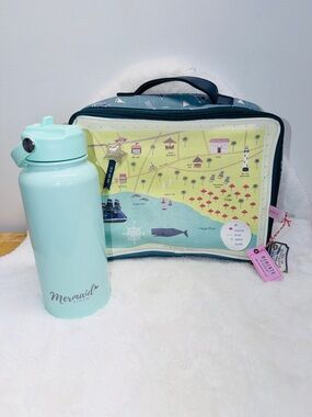 Mint Mermaid Straw Water Bottle with Coastal Print Lunch Bag 💼